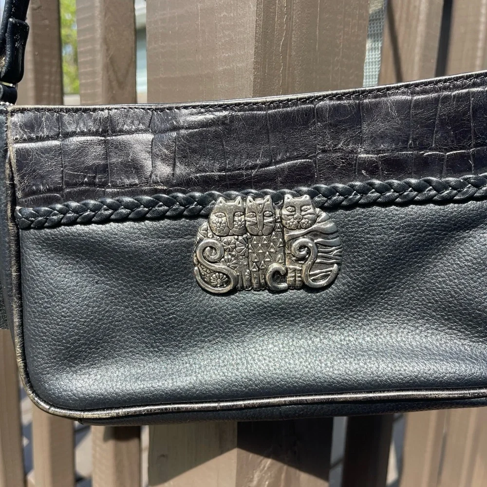 Laurel Burch Black Leather Messenger Bag with Cat Emblem